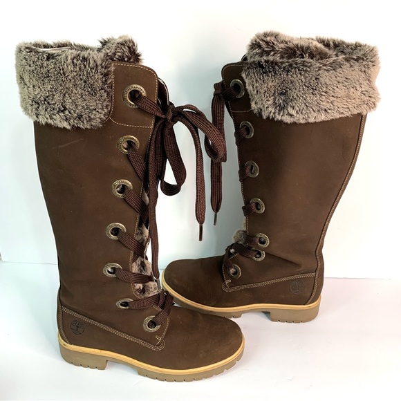 Timberland Mirney Lace Up Tall Boots w/ Faux Fur Tongue Collar Sz 7 Brown Winter - Picture 7 of 15
